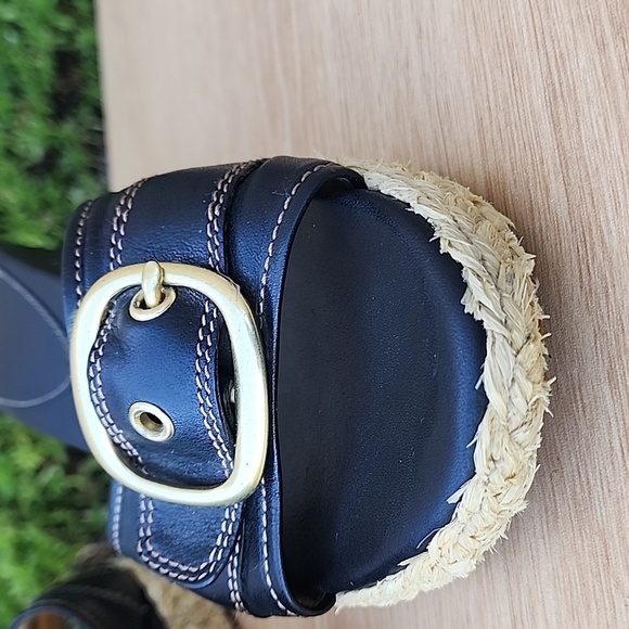 Coach Women's Sz 10 B Greer Black Leather Jute Wedge Gold Buckle Sandals - Picture 7 of 13